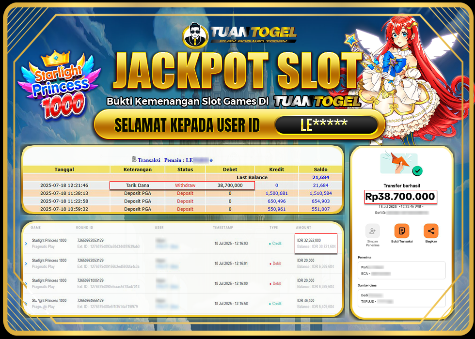 TUANTOGEL JACKPOT SLOT STARLIGHT PRINCESS 1000 Rp38.700.000, - LUNAS